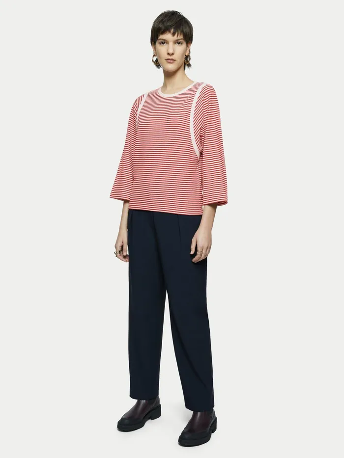 Jigsaw Tops Women Cotton Stripe Contrast Trim Tee Red