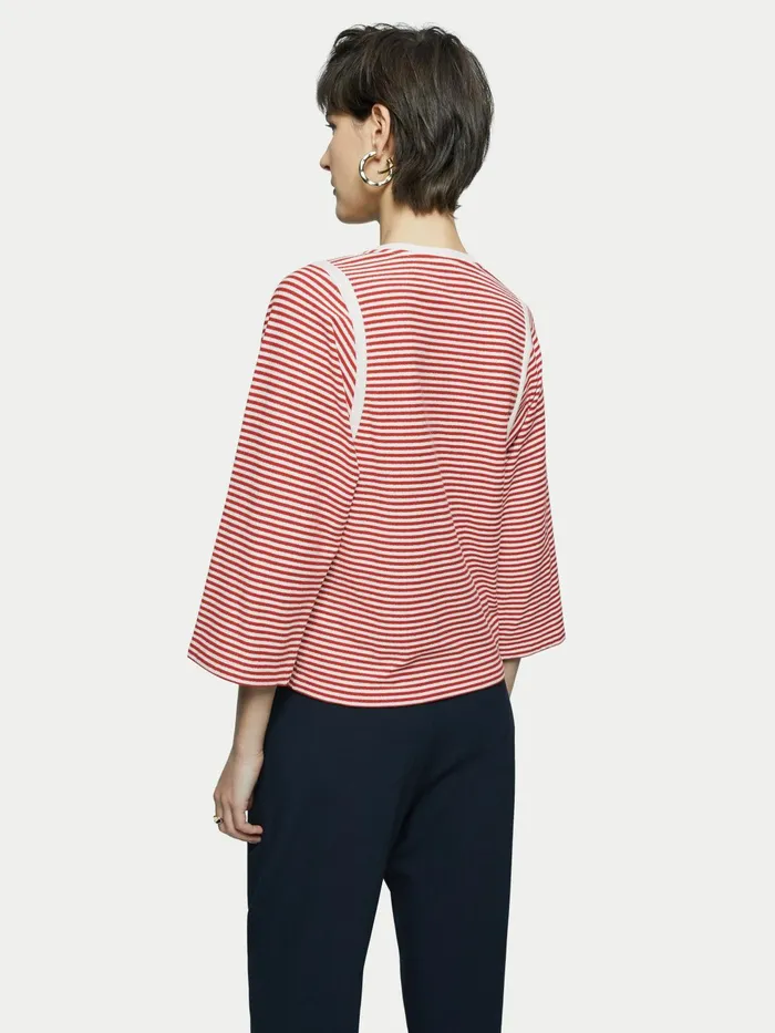 Jigsaw Tops Women Cotton Stripe Contrast Trim Tee Red