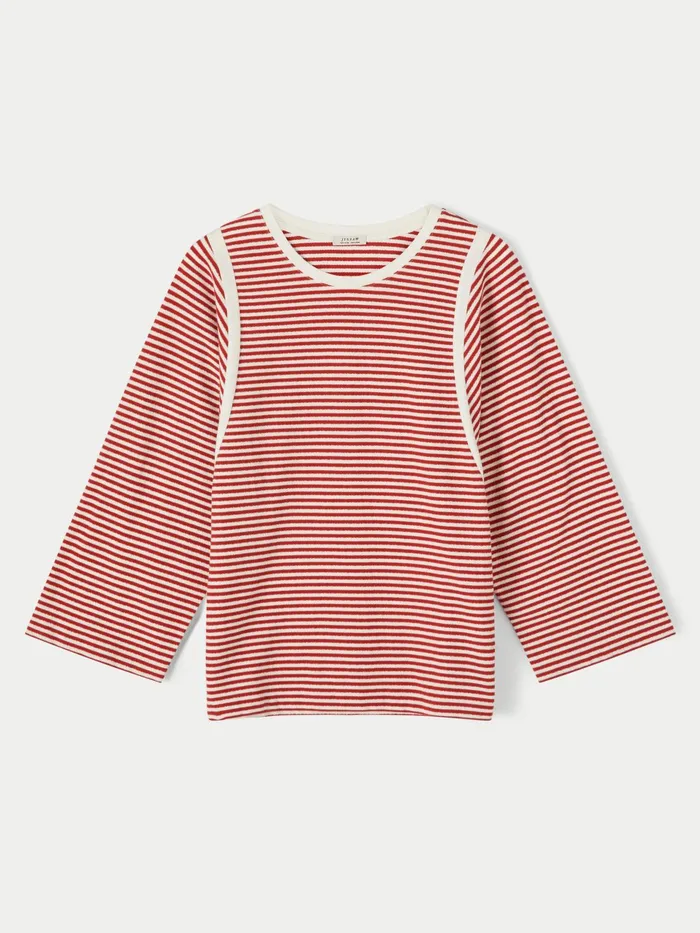 Jigsaw Tops Women Cotton Stripe Contrast Trim Tee Red