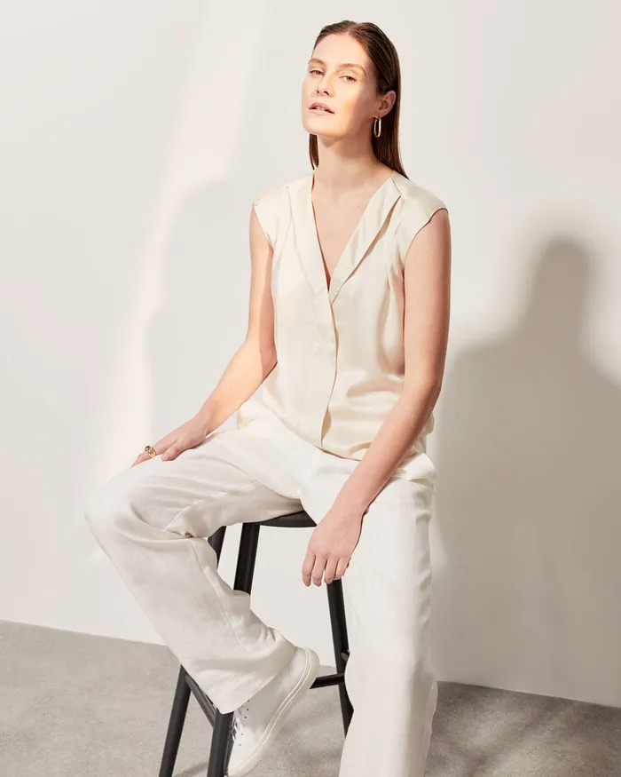 Jigsaw Tops Women Lapel Silk Front Shirt Cream