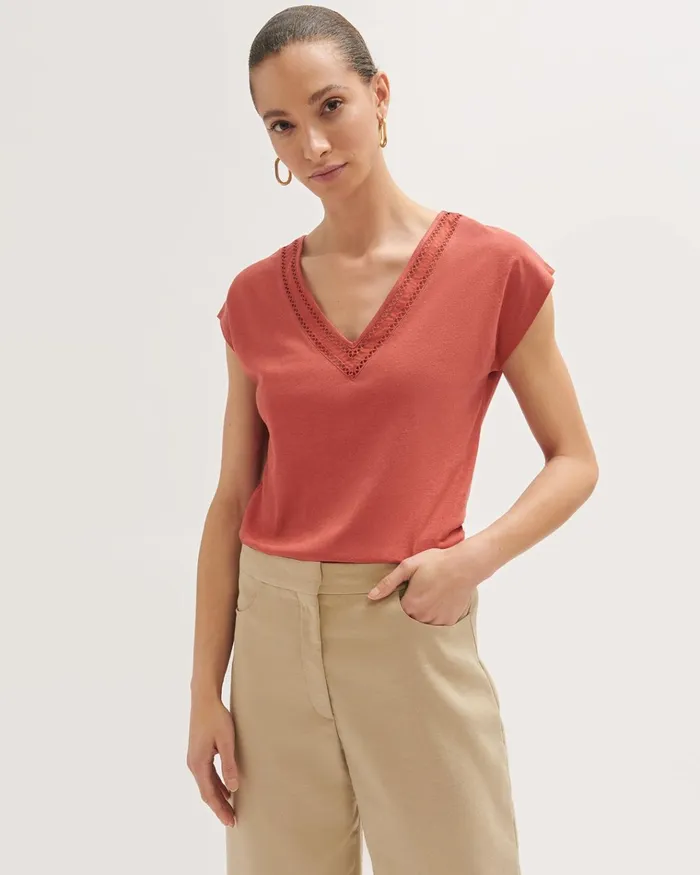Jigsaw Tops Women Linen Cotton Broderie Tee Red