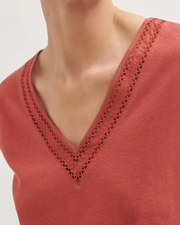Jigsaw Tops Women Linen Cotton Broderie Tee Red