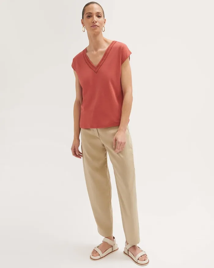 Jigsaw Tops Women Linen Cotton Broderie Tee Red