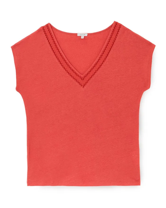 Jigsaw Tops Women Linen Cotton Broderie Tee Red