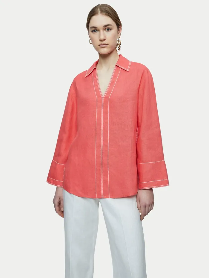 Jigsaw Tops Women Linen Stitch Tunic Blouse Orange