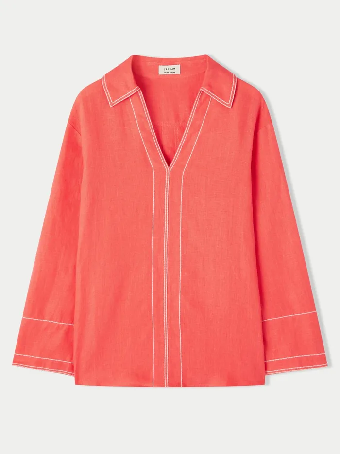 Jigsaw Tops Women Linen Stitch Tunic Blouse Orange