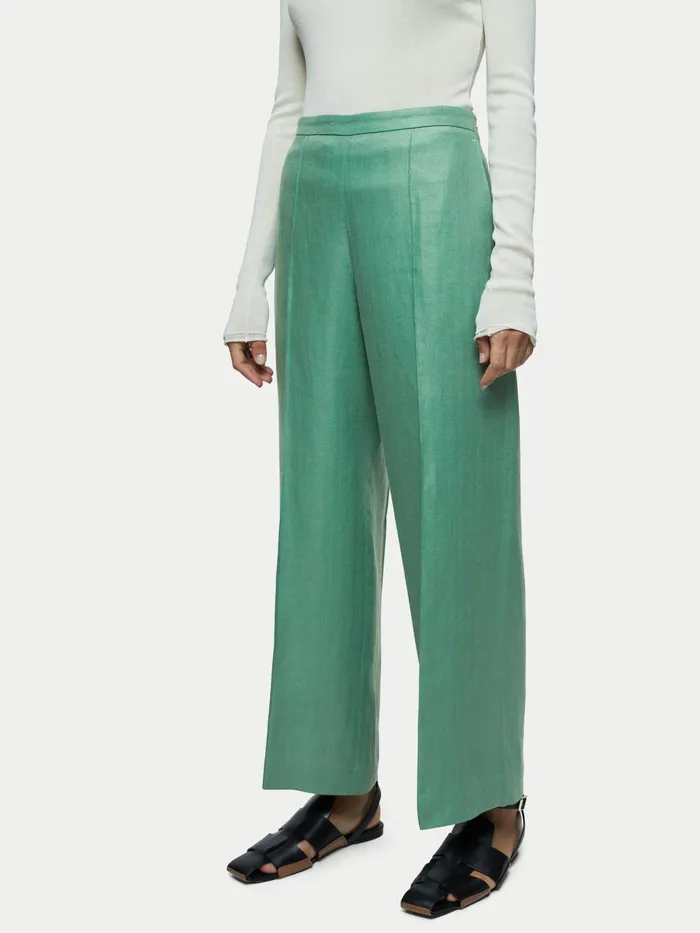 Jigsaw Trousers Women Linen Herringbone Palazzo Green