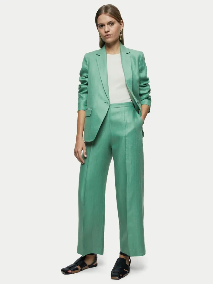 Jigsaw Trousers Women Linen Herringbone Palazzo Green