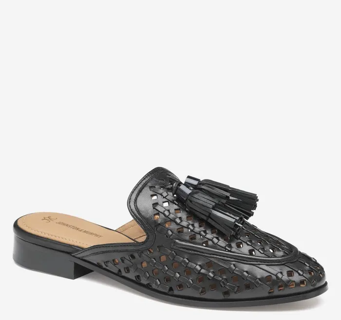 Johnston and Murphy Ali Woven Tassel Mule Black Glove Leather Women Mules and Loafers Johnston and Murphy Ali Woven Tassel Mule Black Glove Leather Women Mules and Loafers