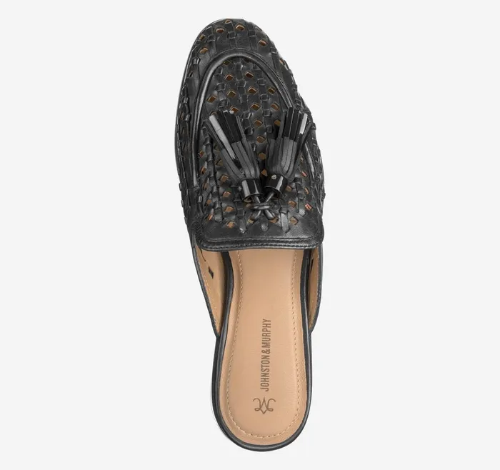 Johnston and Murphy Ali Woven Tassel Mule Black Glove Leather Women Mules and Loafers Johnston and Murphy Ali Woven Tassel Mule Black Glove Leather Women Mules and Loafers