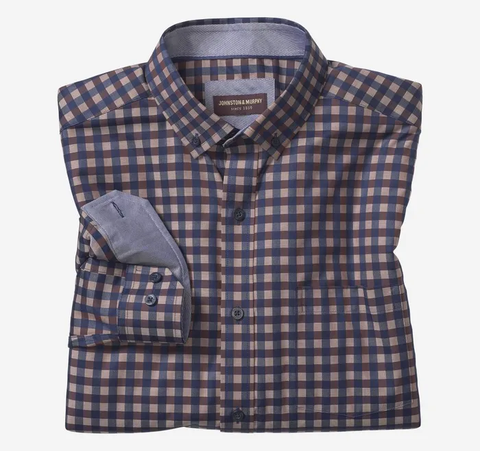 Johnston and Murphy ButtonCollar Premium Cotton Shirt Navybrown Gingham Men Shirts Johnston and Murphy ButtonCollar Premium Cotton Shirt Navybrown Gingham Men Shirts