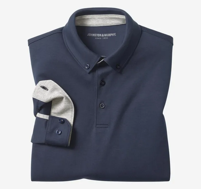 Johnston and Murphy Liquid Cotton LongSleeve Polo Navy Men Polos and Tees
