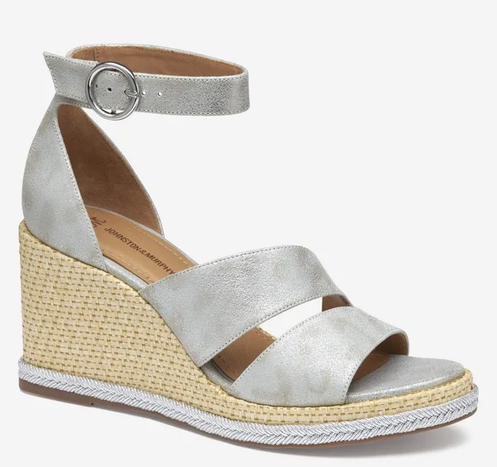 Johnston and Murphy Marcia Asymmetrical Sandal Silver Metallic Kid Suede Women Heels and Platform Wedges Johnston and Murphy Marcia Asymmetrical Sandal Silver Metallic Kid Suede Women Heels and Platform Wedges
