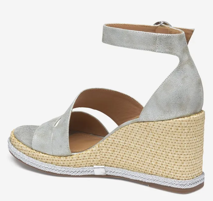 Johnston and Murphy Marcia Asymmetrical Sandal Silver Metallic Kid Suede Women Heels and Platform Wedges Johnston and Murphy Marcia Asymmetrical Sandal Silver Metallic Kid Suede Women Heels and Platform Wedges