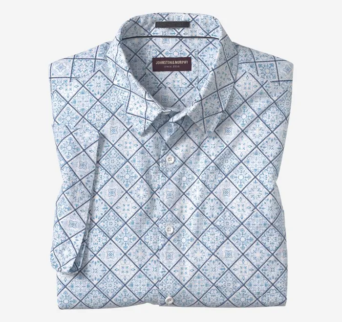 Johnston and Murphy Print Camp Shirt Bluewhite Mosaic Men ShortSleeve Shirts