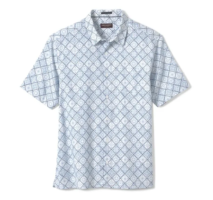 Johnston and Murphy Print Camp Shirt Bluewhite Mosaic Men ShortSleeve Shirts Johnston and Murphy Print Camp Shirt Bluewhite Mosaic Men ShortSleeve Shirts