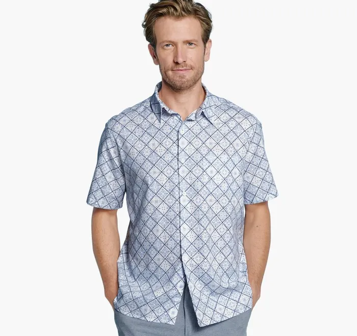 Johnston and Murphy Print Camp Shirt Bluewhite Mosaic Men ShortSleeve Shirts Johnston and Murphy Print Camp Shirt Bluewhite Mosaic Men ShortSleeve Shirts
