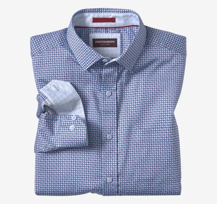 Johnston and Murphy Printed Cotton Shirt Blue Circle Star Nautical Men Shirts