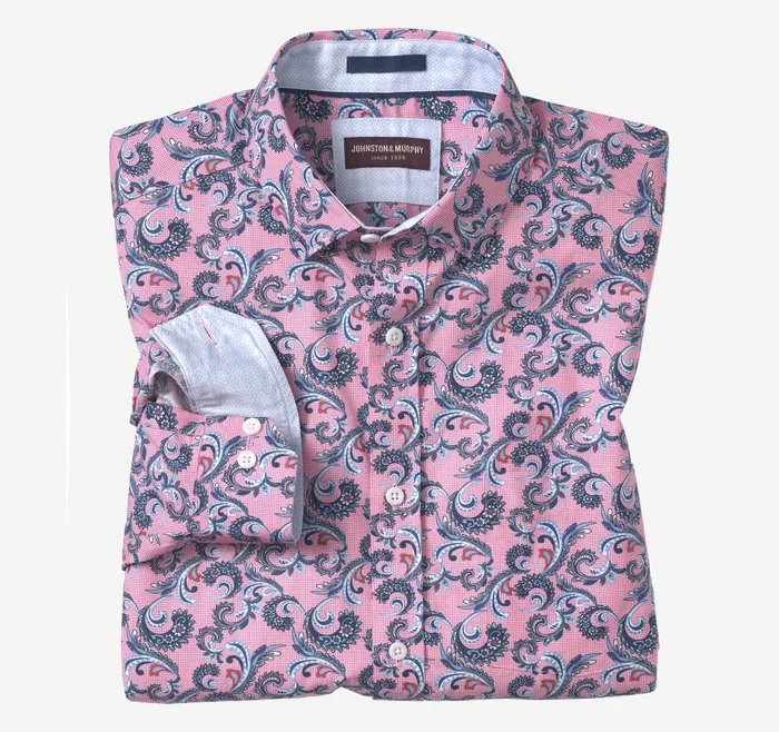 Johnston and Murphy Printed Cotton Shirt Pink Checkered Paisley Men Shirts