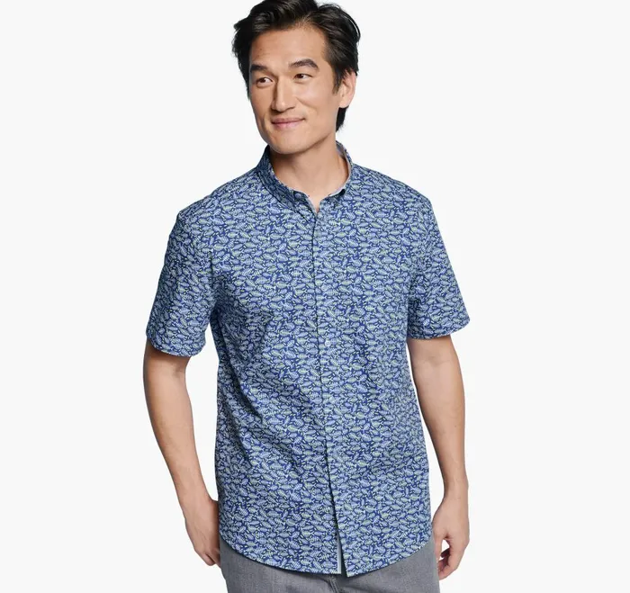 Johnston and Murphy Printed Cotton ShortSleeve Shirt Navy Fishbone Men ShortSleeve Shirts Johnston and Murphy Printed Cotton ShortSleeve Shirt Navy Fishbone Men ShortSleeve Shirts