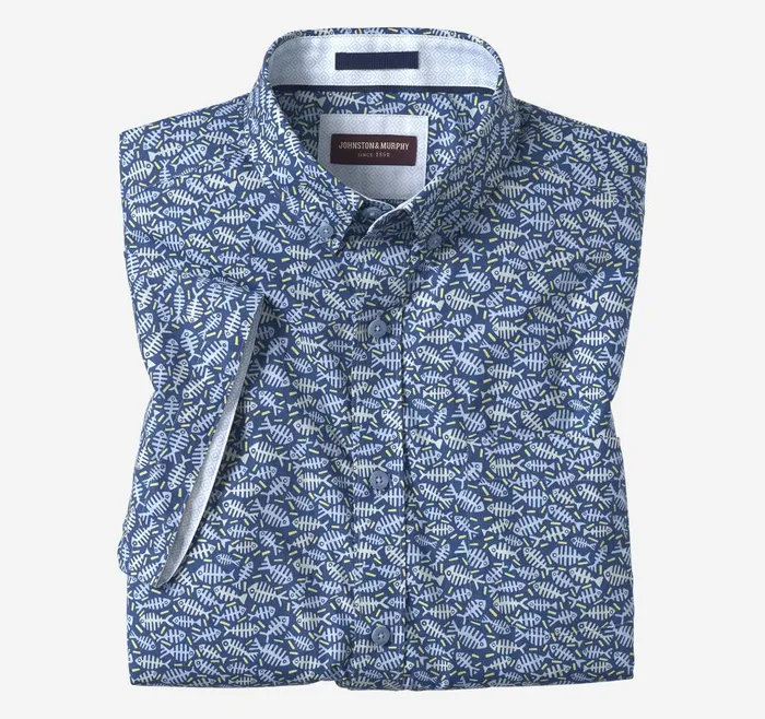 Johnston and Murphy Printed Cotton ShortSleeve Shirt Navy Fishbone Men ShortSleeve Shirts Johnston and Murphy Printed Cotton ShortSleeve Shirt Navy Fishbone Men ShortSleeve Shirts