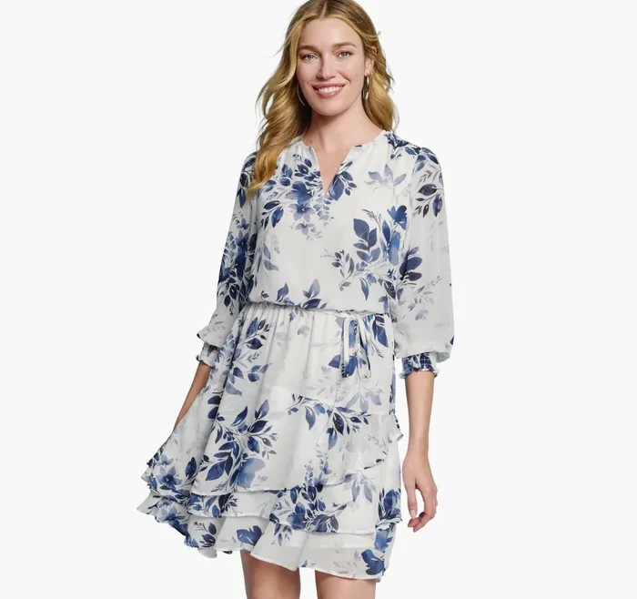 Johnston and Murphy Tiered VNeck Print Dress Blue Women Dresses and Jumpsuits Johnston and Murphy Tiered VNeck Print Dress Blue Women Dresses and Jumpsuits