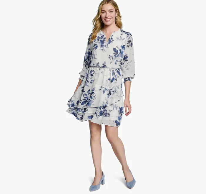 Johnston and Murphy Tiered VNeck Print Dress Blue Women Dresses and Jumpsuits Johnston and Murphy Tiered VNeck Print Dress Blue Women Dresses and Jumpsuits