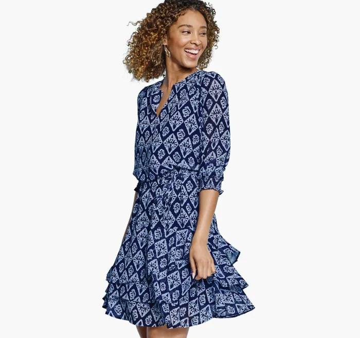 Johnston and Murphy Tiered VNeck Print Dress Navy Knit Women Dresses and Jumpsuits Johnston and Murphy Tiered VNeck Print Dress Navy Knit Women Dresses and Jumpsuits