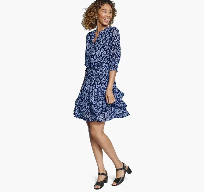 Johnston and Murphy Tiered VNeck Print Dress Navy Knit Women Dresses and Jumpsuits Johnston and Murphy Tiered VNeck Print Dress Navy Knit Women Dresses and Jumpsuits