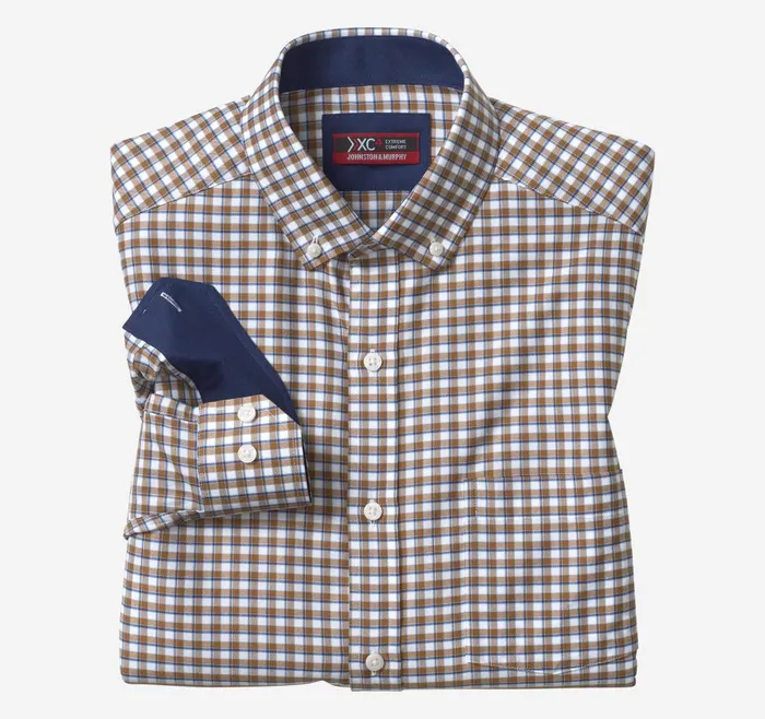 Johnston and Murphy XC4 LongSleeve StretchWoven Shirt Brownnavy Framed Grid Men Shirts Johnston and Murphy XC4 LongSleeve StretchWoven Shirt Brownnavy Framed Grid Men Shirts