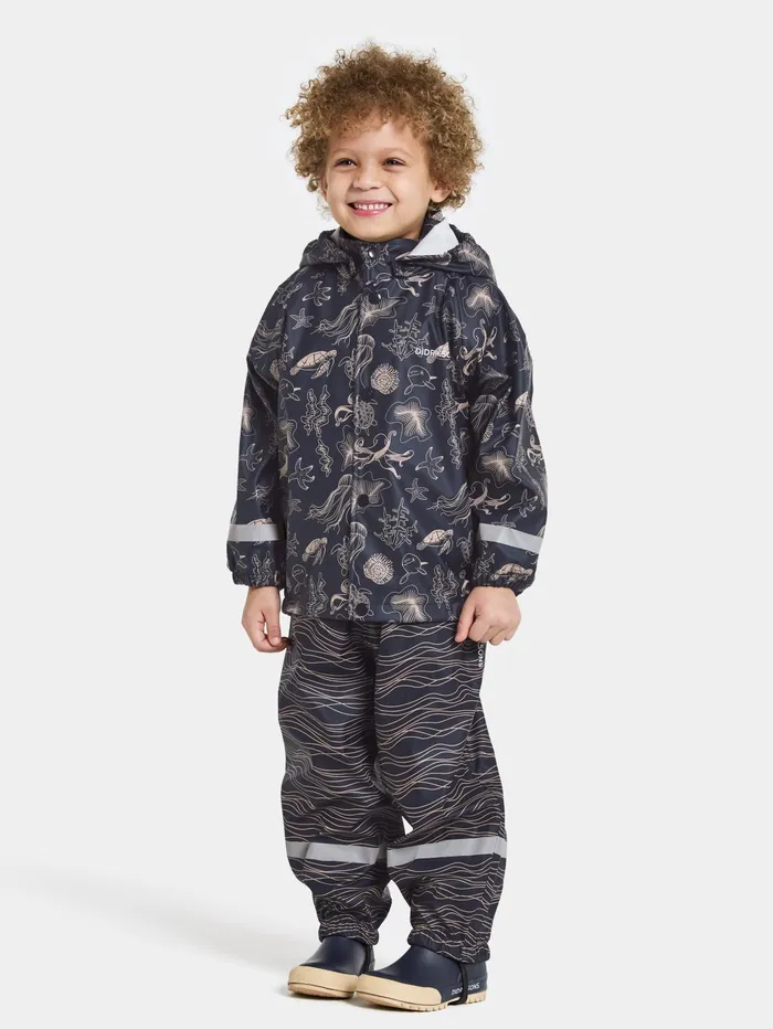 Kids Slaskeman Printed Set Ocean Navy Didriksons Unlined Rain Set