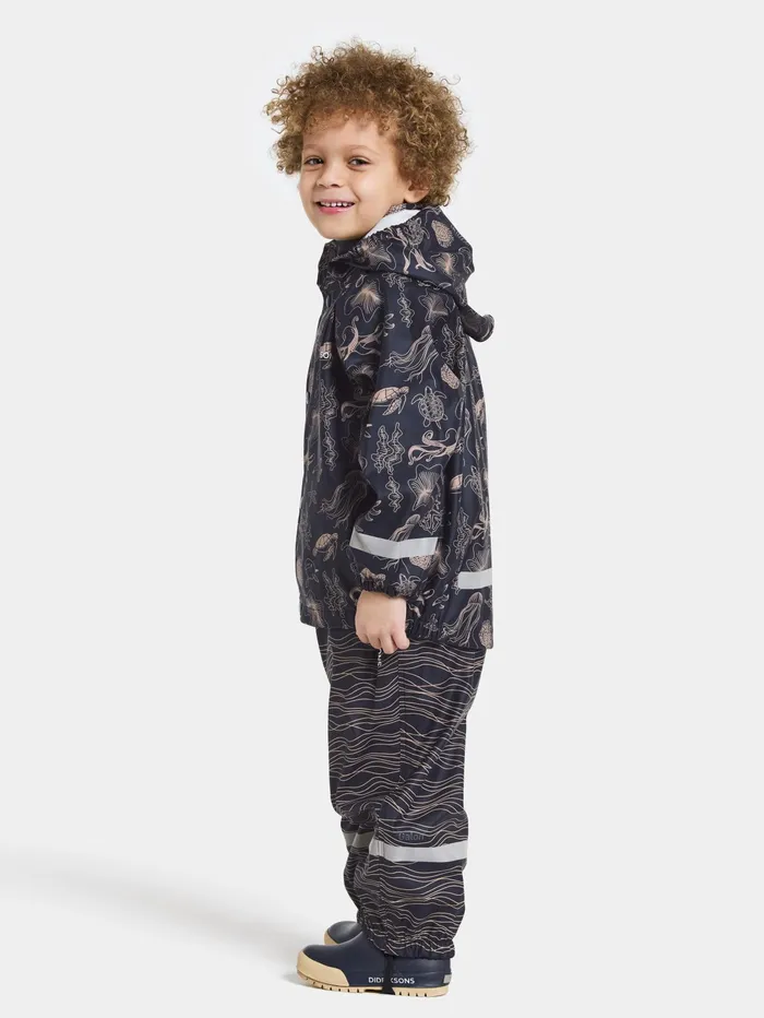 Kids Slaskeman Printed Set Ocean Navy Didriksons Unlined Rain Set