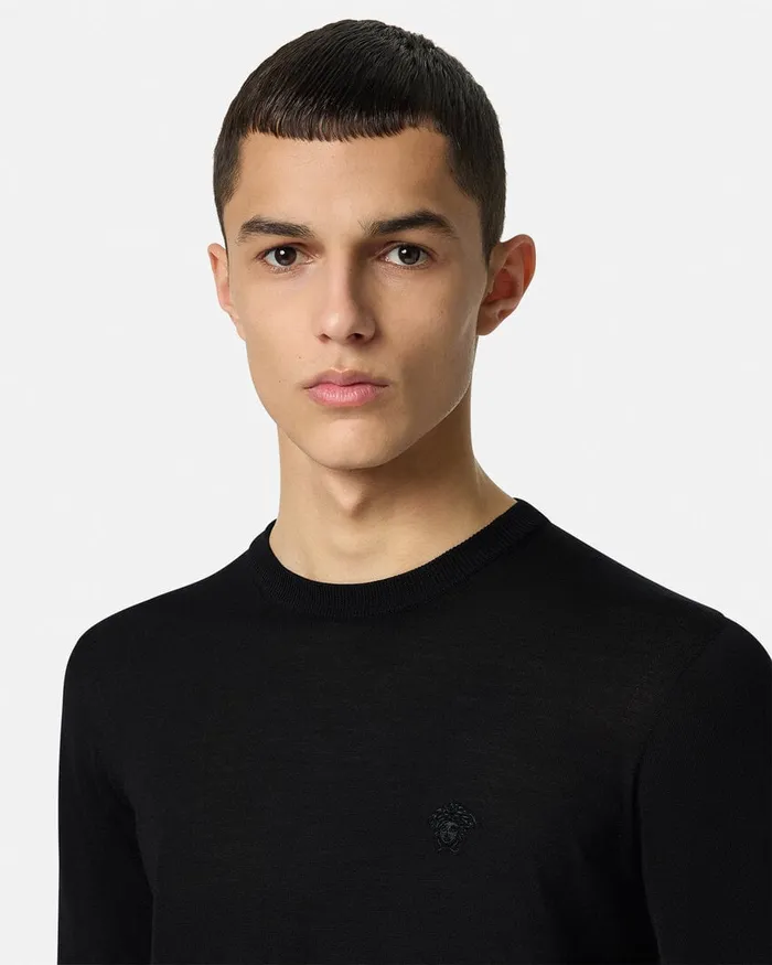 Knitwear Men Versace Embroidered WoolBlend Sweater Black