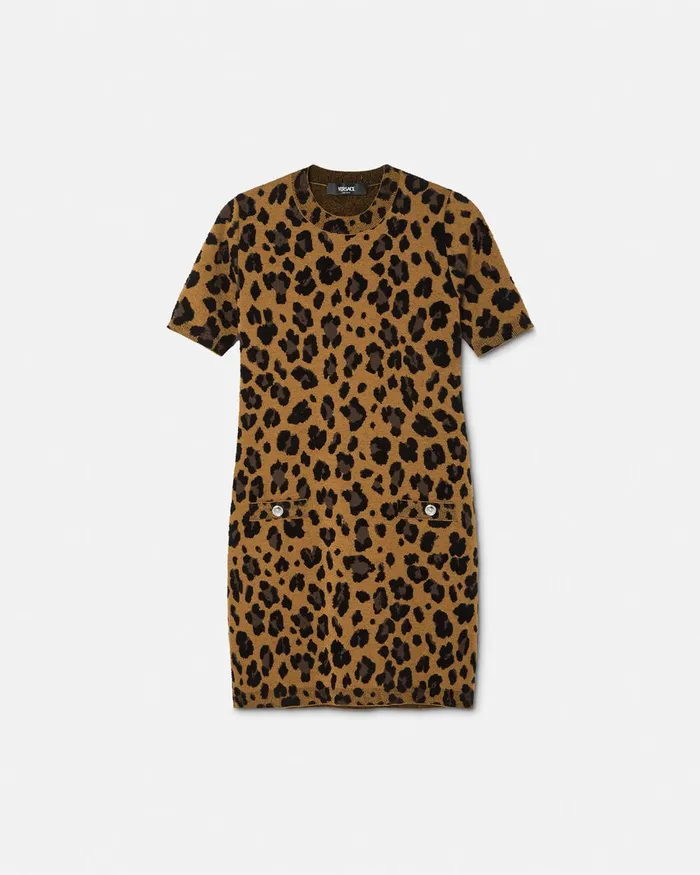 Knitwear Women Versace Leopard Jacquard Knit TShirt Dress Animalier