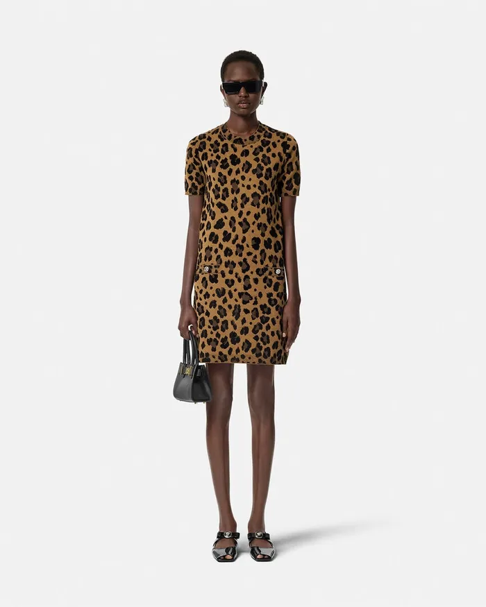 Knitwear Women Versace Leopard Jacquard Knit TShirt Dress Animalier