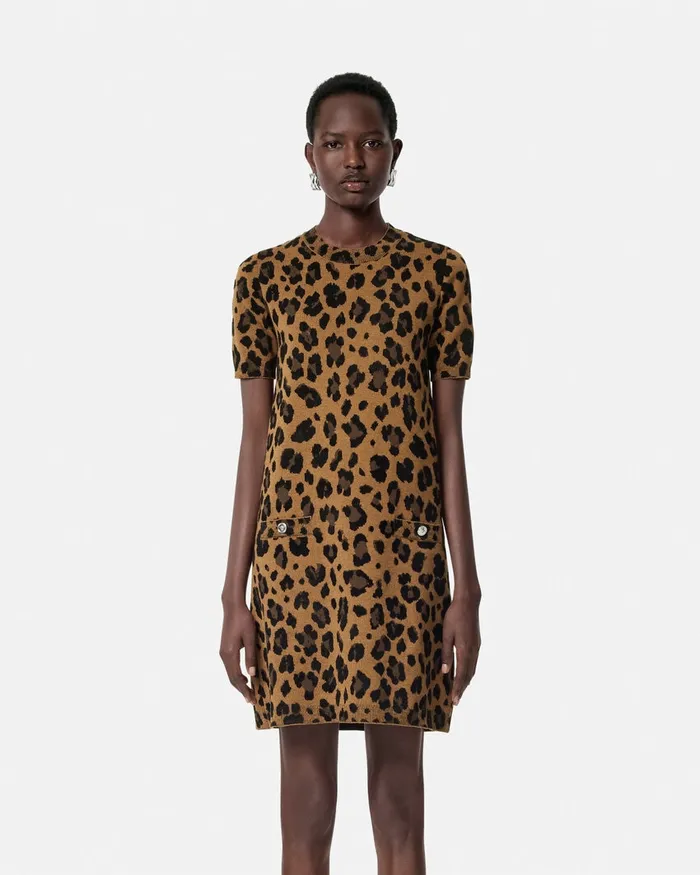 Knitwear Women Versace Leopard Jacquard Knit TShirt Dress Animalier