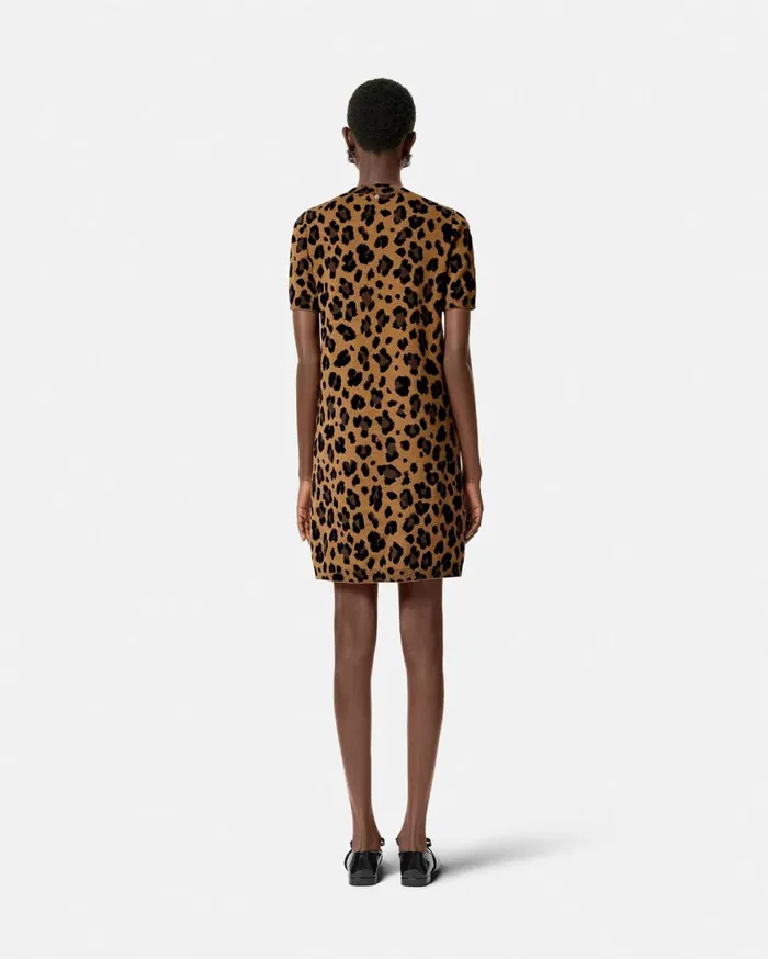 Knitwear Women Versace Leopard Jacquard Knit TShirt Dress Animalier