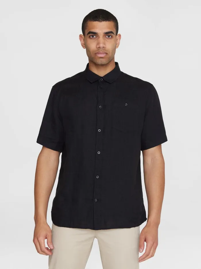 KnowledgeCotton Apparel Shirts Custom Fit Linen Short Sleeve Shirt Black Jet 8211 Men KnowledgeCotton Apparel Shirts Custom Fit Linen Short Sleeve Shirt Black Jet 8211 Men