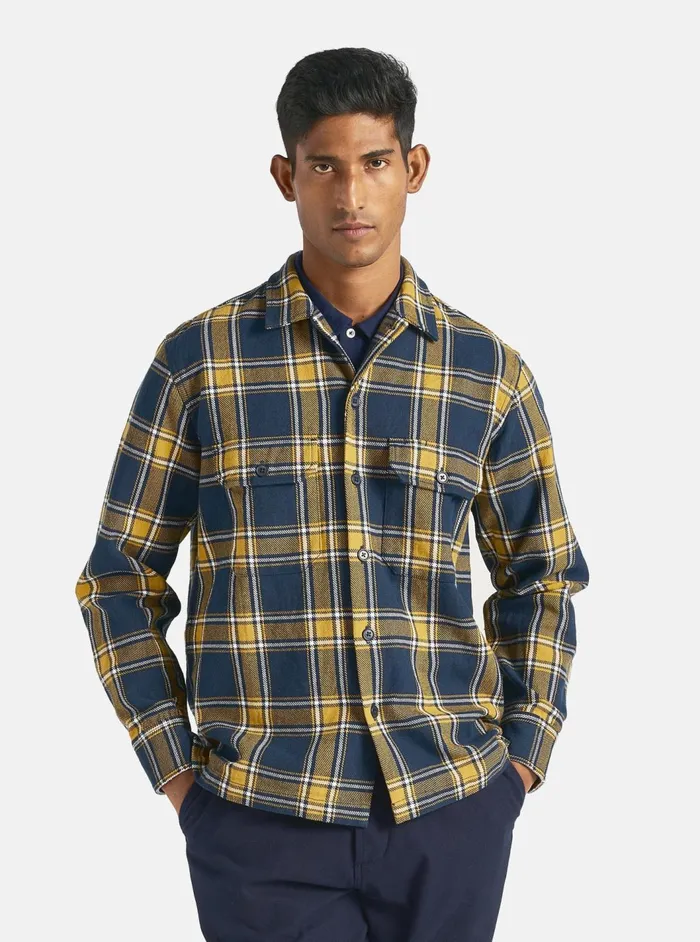 LS Utility Shirt In YellowNavy Twill Check Tartan Men Universal Works Overshirts