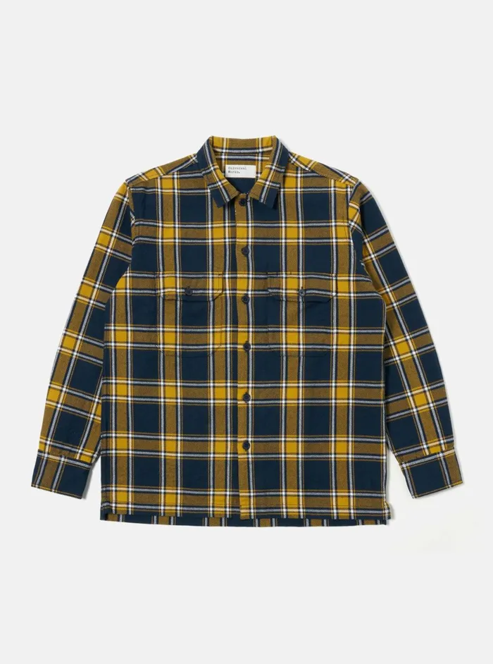 LS Utility Shirt In YellowNavy Twill Check Tartan Men Universal Works Overshirts