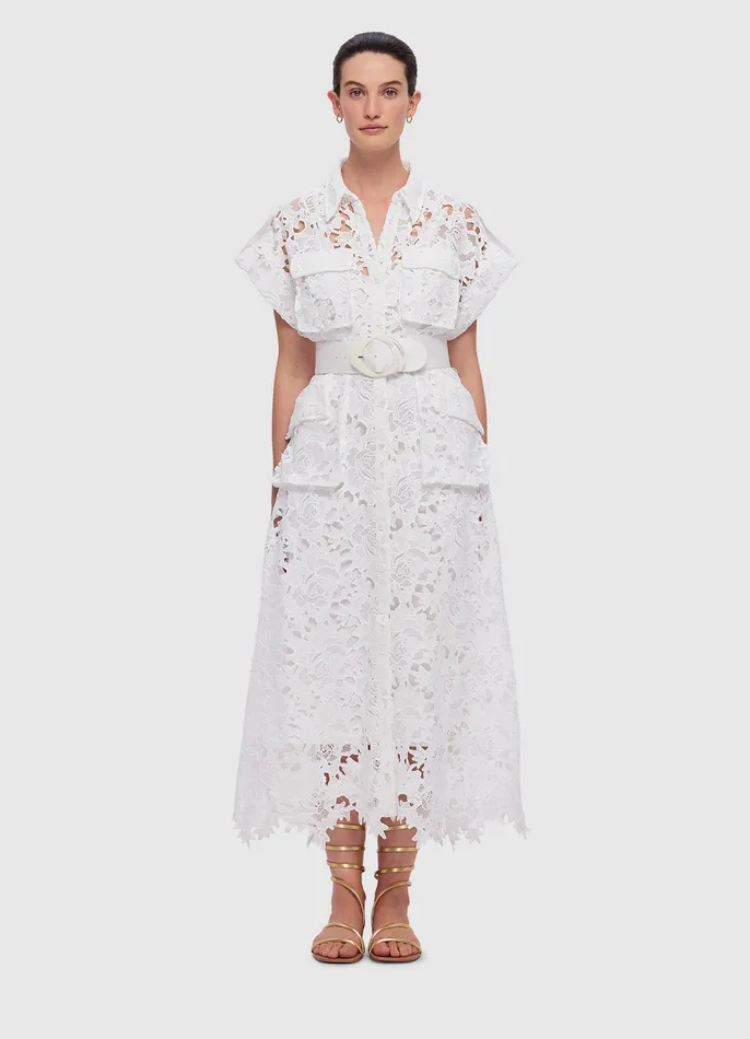 LEO LIN Audrey Lace Pocket Shirt Midi Dress 8211 Snow Women Dresses and Jumpsuits