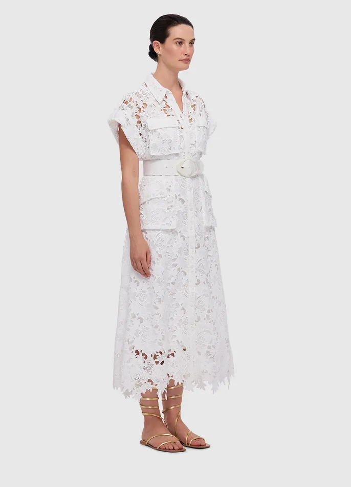 LEO LIN Audrey Lace Pocket Shirt Midi Dress 8211 Snow Women Dresses and Jumpsuits