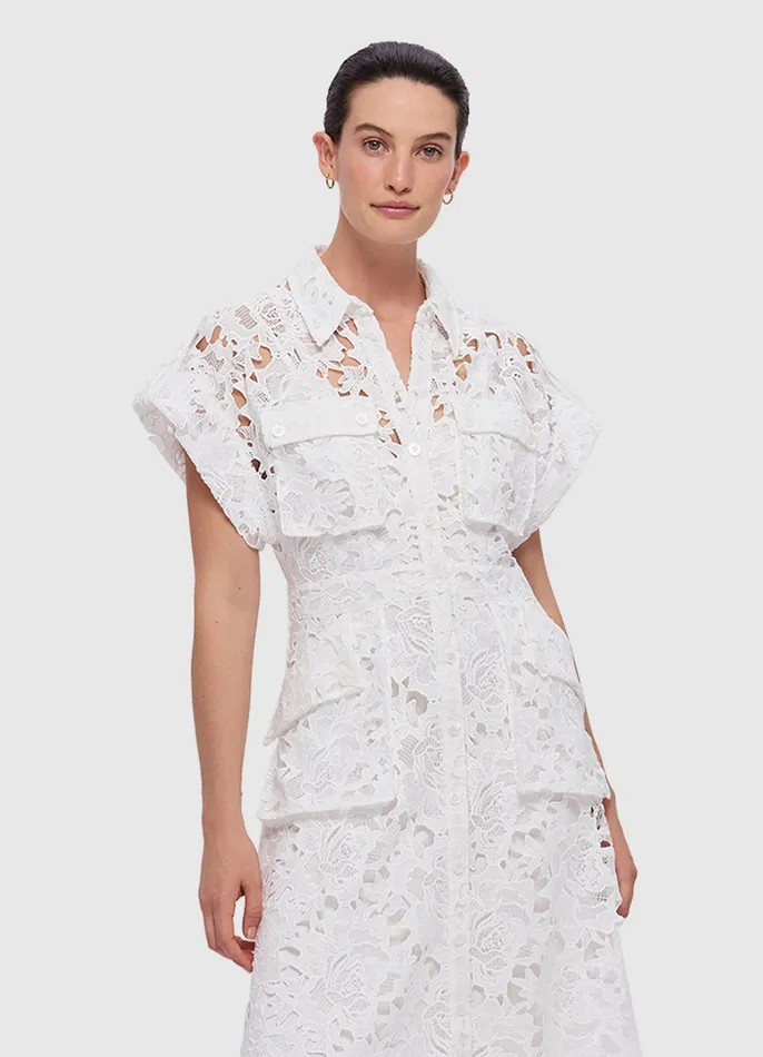 LEO LIN Audrey Lace Pocket Shirt Midi Dress 8211 Snow Women Dresses and Jumpsuits