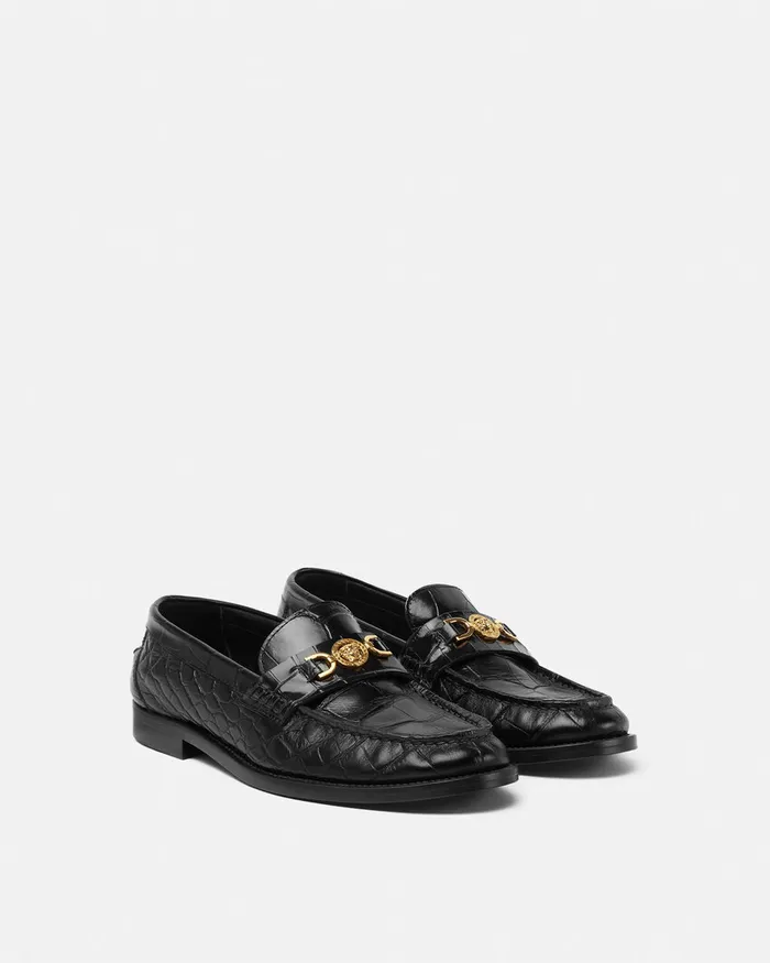 Loafers and Flats Women Versace CrocEffect Medusa 03995 Loafers Blackgold