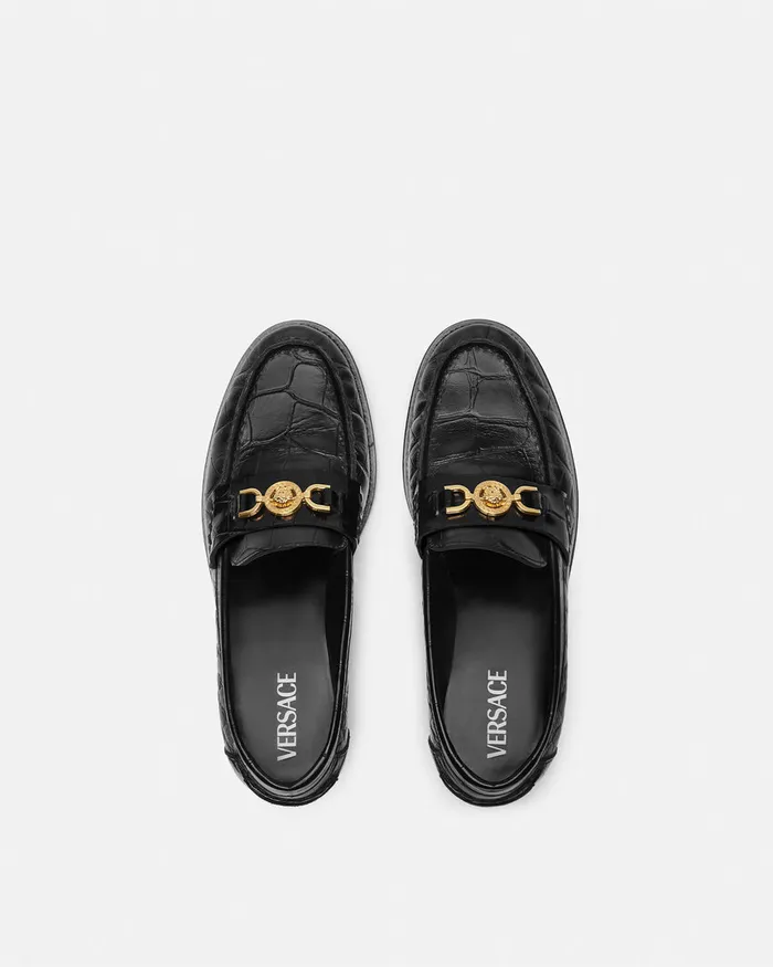 Loafers and Flats Women Versace CrocEffect Medusa 03995 Loafers Blackgold