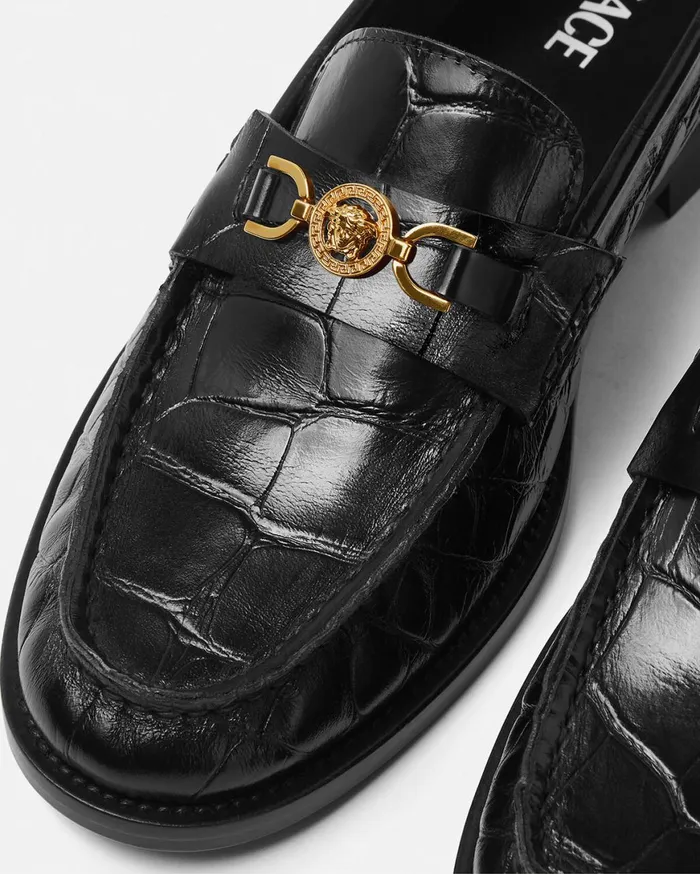 Loafers and Flats Women Versace CrocEffect Medusa 03995 Loafers Blackgold