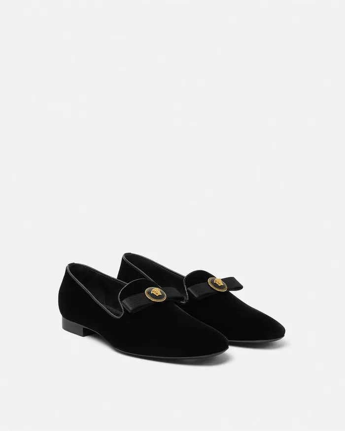 Loafers and Flats Women Versace Gianni Ribbon Velvet Slippers Blackgold