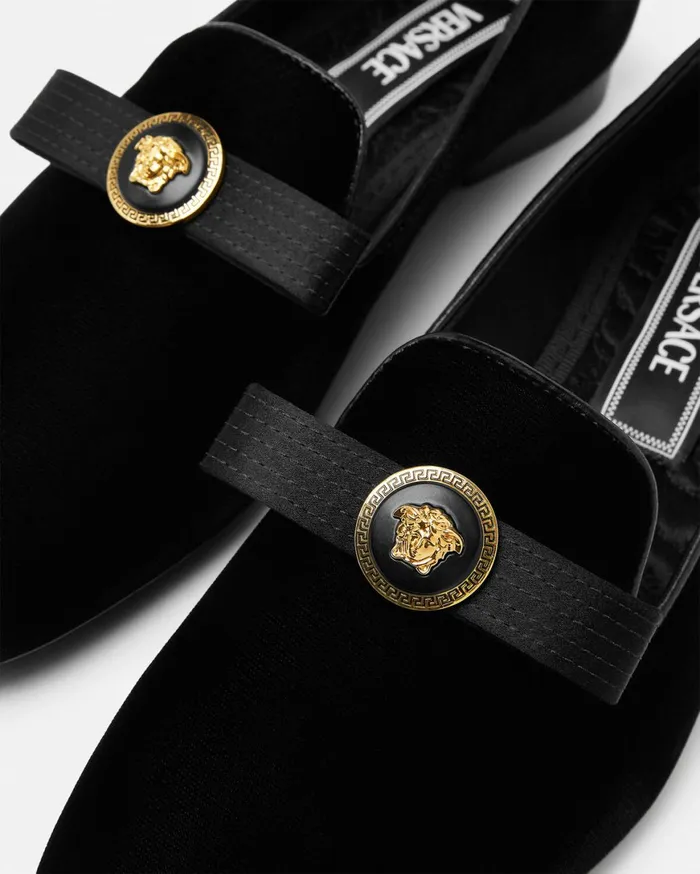 Loafers and Flats Women Versace Gianni Ribbon Velvet Slippers Blackgold