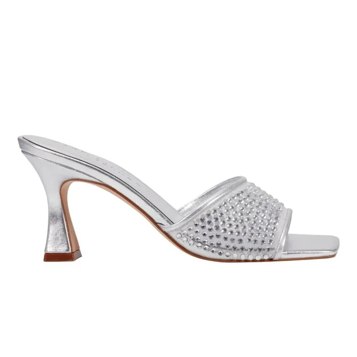 Marc Fisher Sandals Women Delaney Studded Slide Sandal Silver Leather