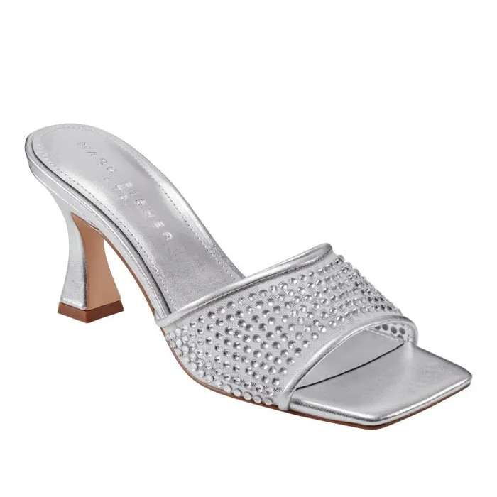 Marc Fisher Sandals Women Delaney Studded Slide Sandal Silver Leather